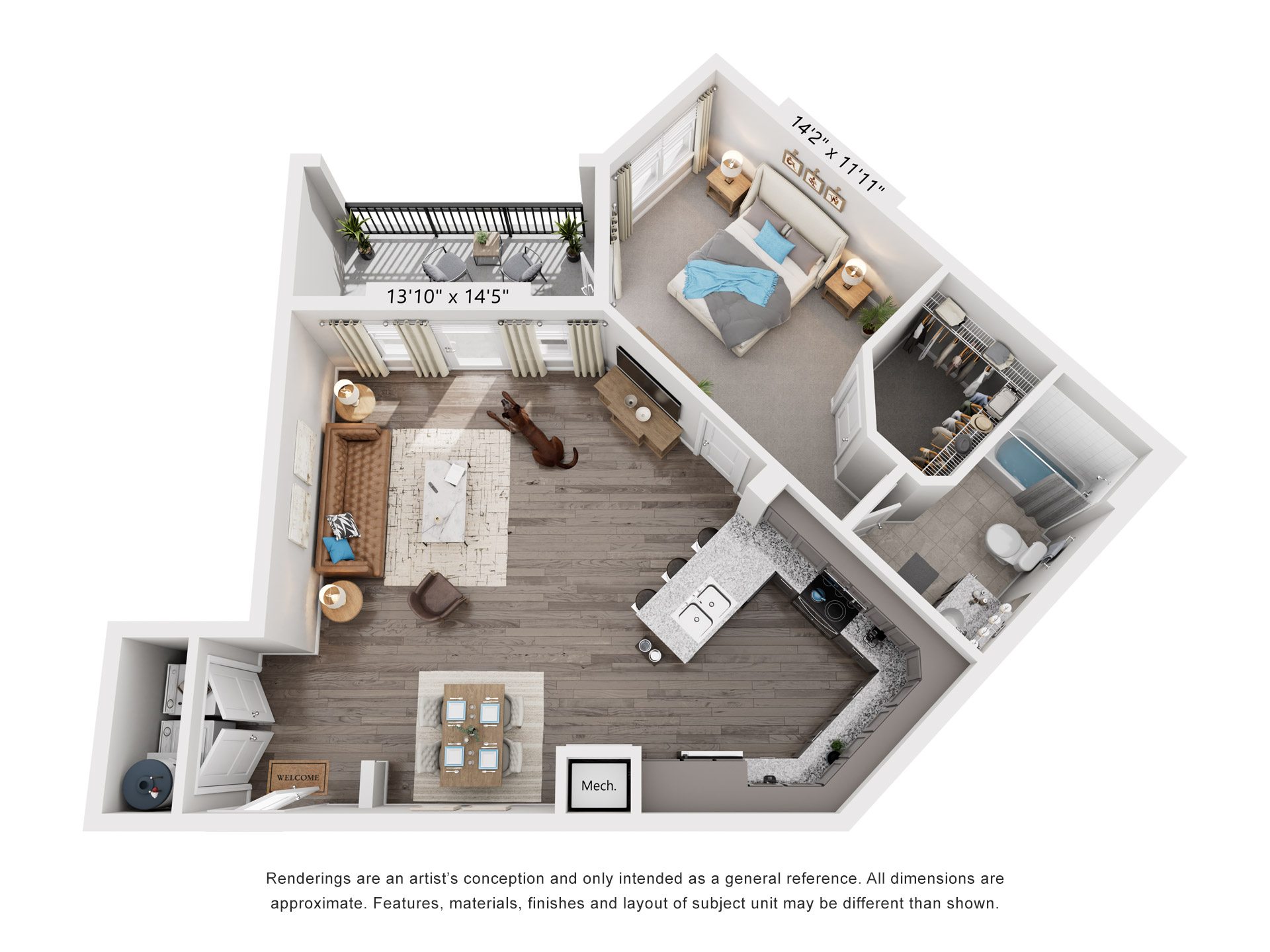 Floor plan for 1 bed, 1 bath, 815 sqft
